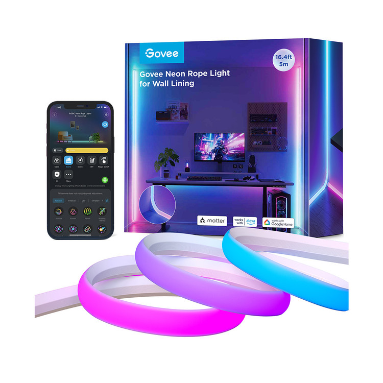 ریسه نئون فلکسی Govee H6641 نصب شده روی کنج دیوار با نور رنگی