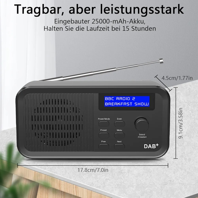 رادیو دیجیتال DAB+ FM با اسپیکر داخلی و باتری ۲۵۰۰ میلیآمپرساعت