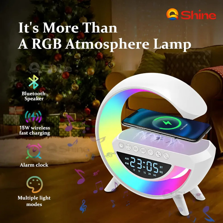 اسپیکر بلوتوثی رومیزی با شارژر وایرلس ۱۵ وات و نورپردازی LED مدل BT-3401