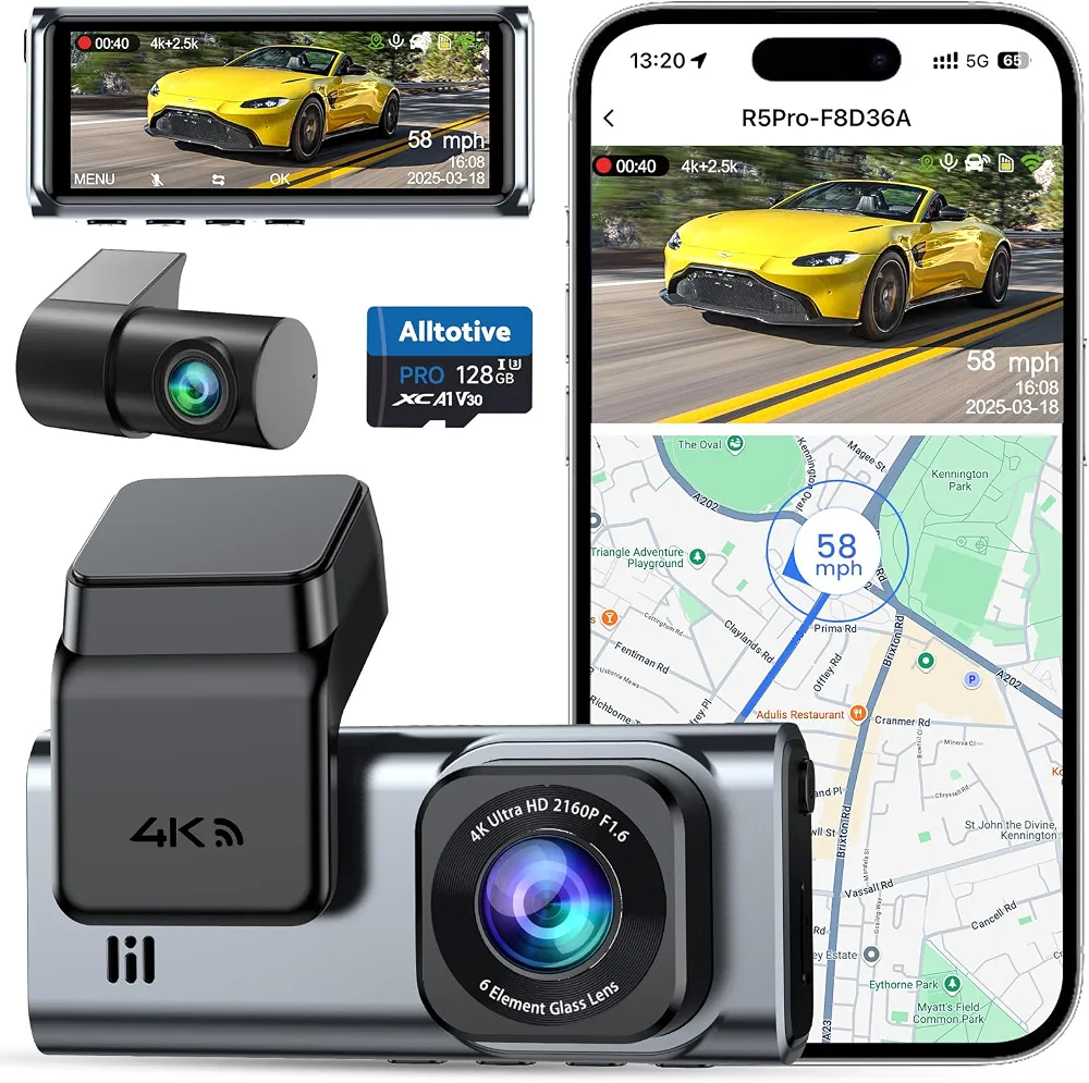 دوربین ثبت وقایع خودرو R5 Pro دو کاناله 4K با GPS و وای‌فای 5GHz