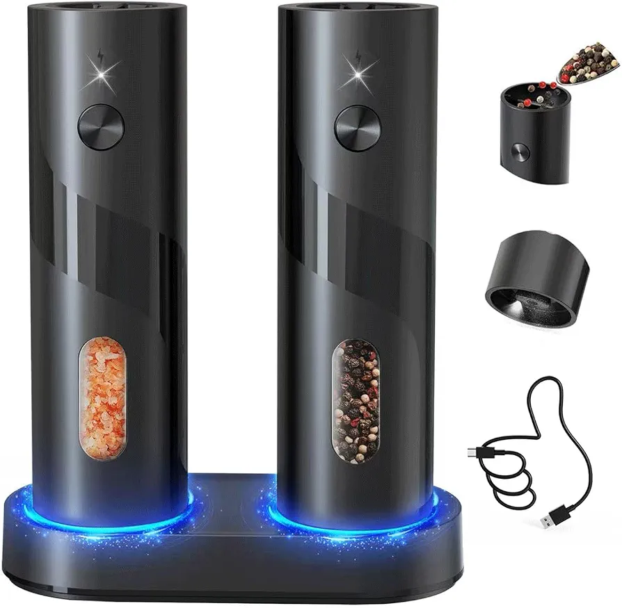 ست آسیاب برقی دوقلو شارژی نمک و فلفل KYMQ-64C با ۵ سطح تنظیم و نور LED