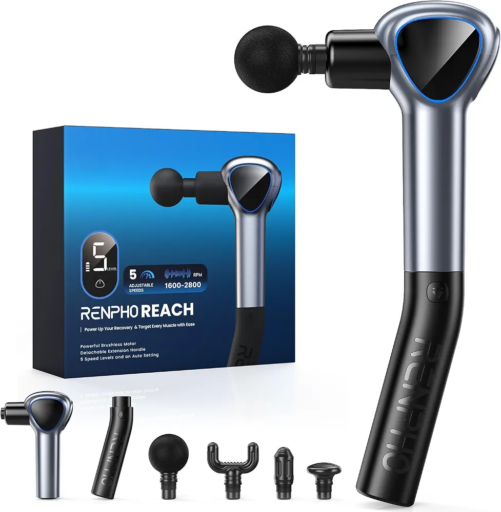 ماساژور تفنگی RENPHO Reach با دسته افزایش‌دهنده و ماساژ عمیق عضلانی