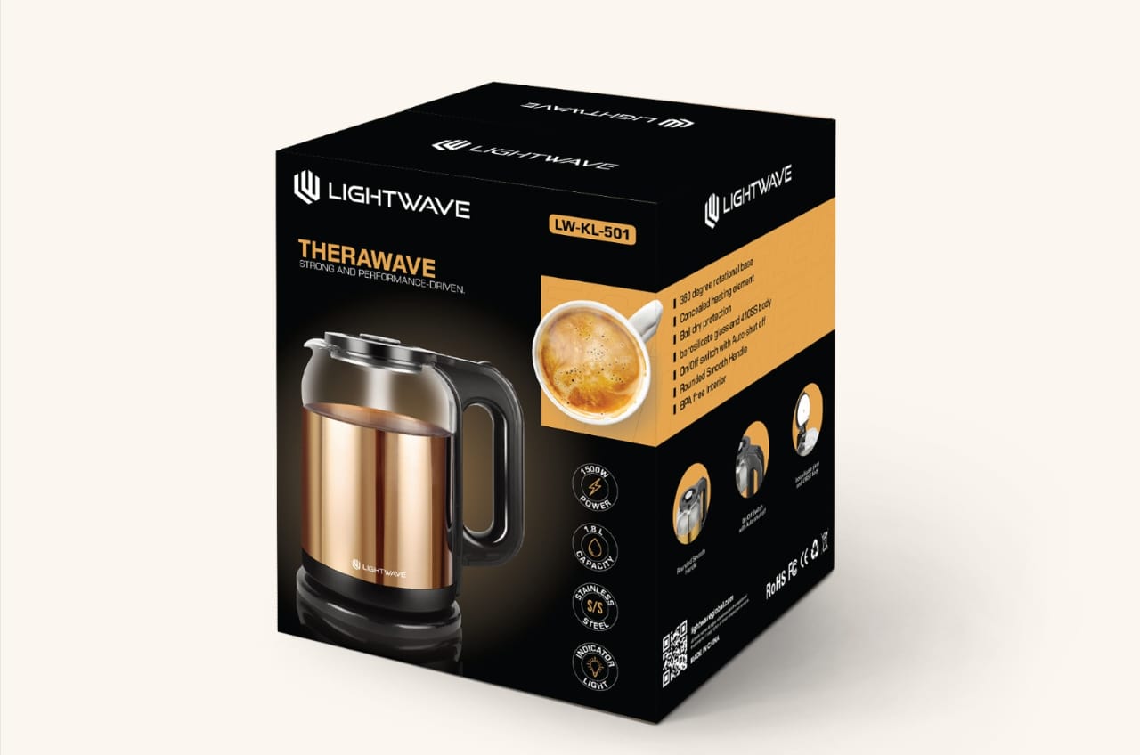 کتری برقی لایت‌ویو تراویو LW-KL-501 با بدنه استیل و شیشه بوروسیلیکات