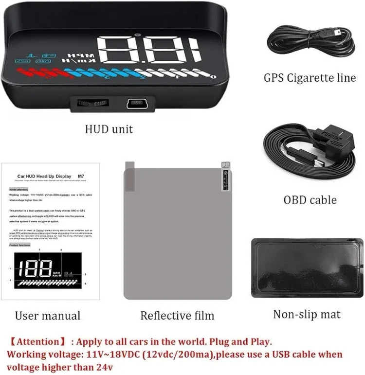 هدآپ دیسپلی خودرو HUD M7 New با نمایشگر ۳.۵ اینچی و پشتیبانی از OBD2 و GPS