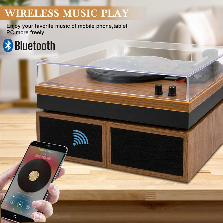 گرامافون وینیل VINYL MUSIC ON با دو اسپیکر خارجی و طراحی چوبی