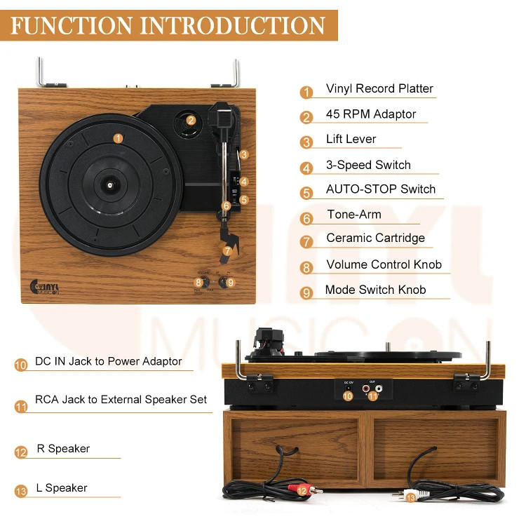 گرامافون وینیل VINYL MUSIC ON با دو اسپیکر خارجی و طراحی چوبی