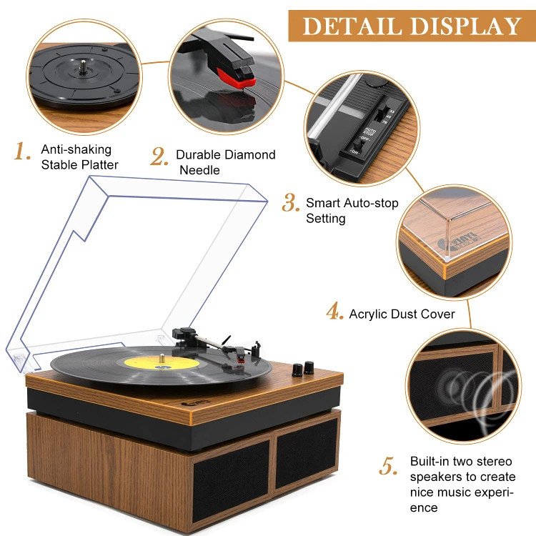 گرامافون وینیل VINYL MUSIC ON با دو اسپیکر خارجی و طراحی چوبی