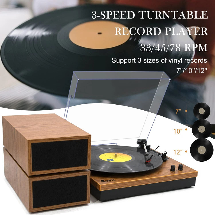 گرامافون وینیل VINYL MUSIC ON با دو اسپیکر خارجی و طراحی چوبی