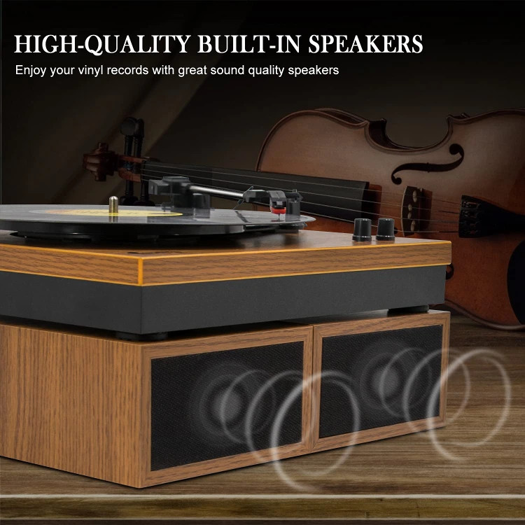 گرامافون وینیل VINYL MUSIC ON با دو اسپیکر خارجی و طراحی چوبی