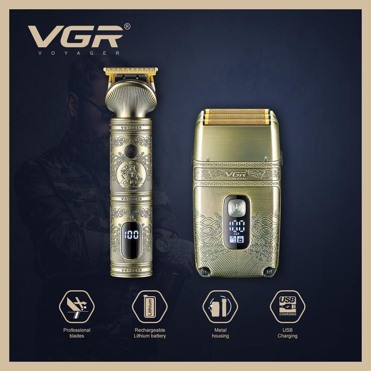 ست ماشین اصلاح و شیور VGR V-649 با بدنه فلزی طلایی