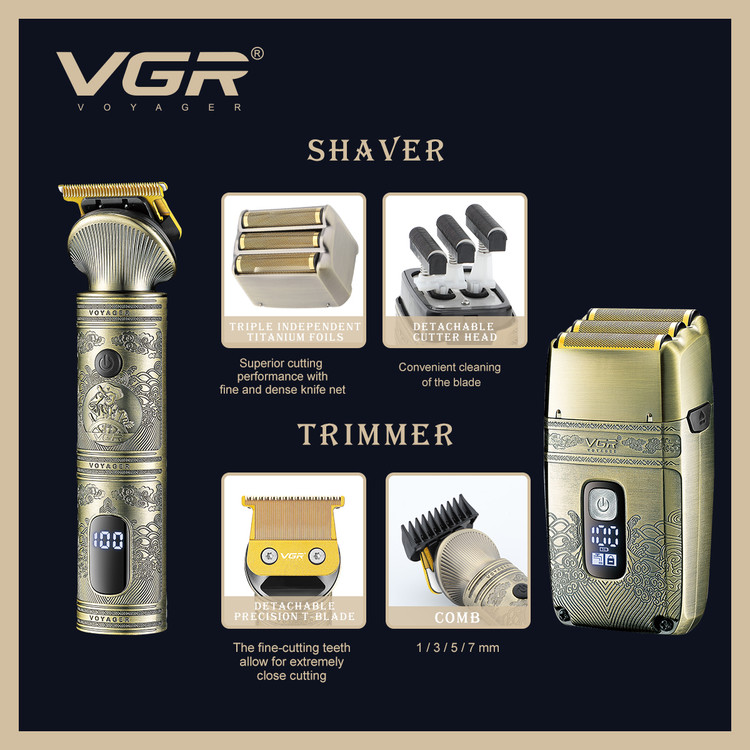 ست ماشین اصلاح و شیور VGR V-649 با بدنه فلزی طلایی