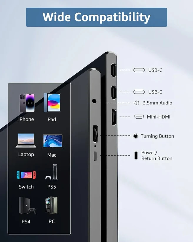 مانیتور قابل حمل YODOIT PTM15 با نمایشگر 15.6 اینچی IPS و کیفیت Full HD