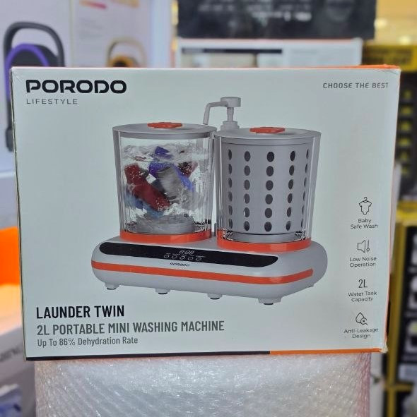 مینی لباسشویی و خشککن شارژی پرودو Porodo PDLFSTHP200 با باتری 5200 و دو مخزن 2 لیتری