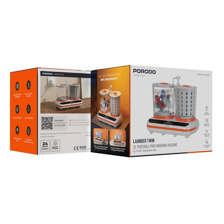 مینی لباسشویی و خشککن شارژی پرودو Porodo PDLFSTHP200 با باتری 5200 و دو مخزن 2 لیتری