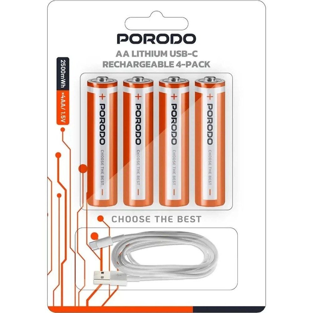 باتری نیم‌قلمی شارژی پرودو PDAAA8RB بسته ۴ عددی با شارژ USB-C