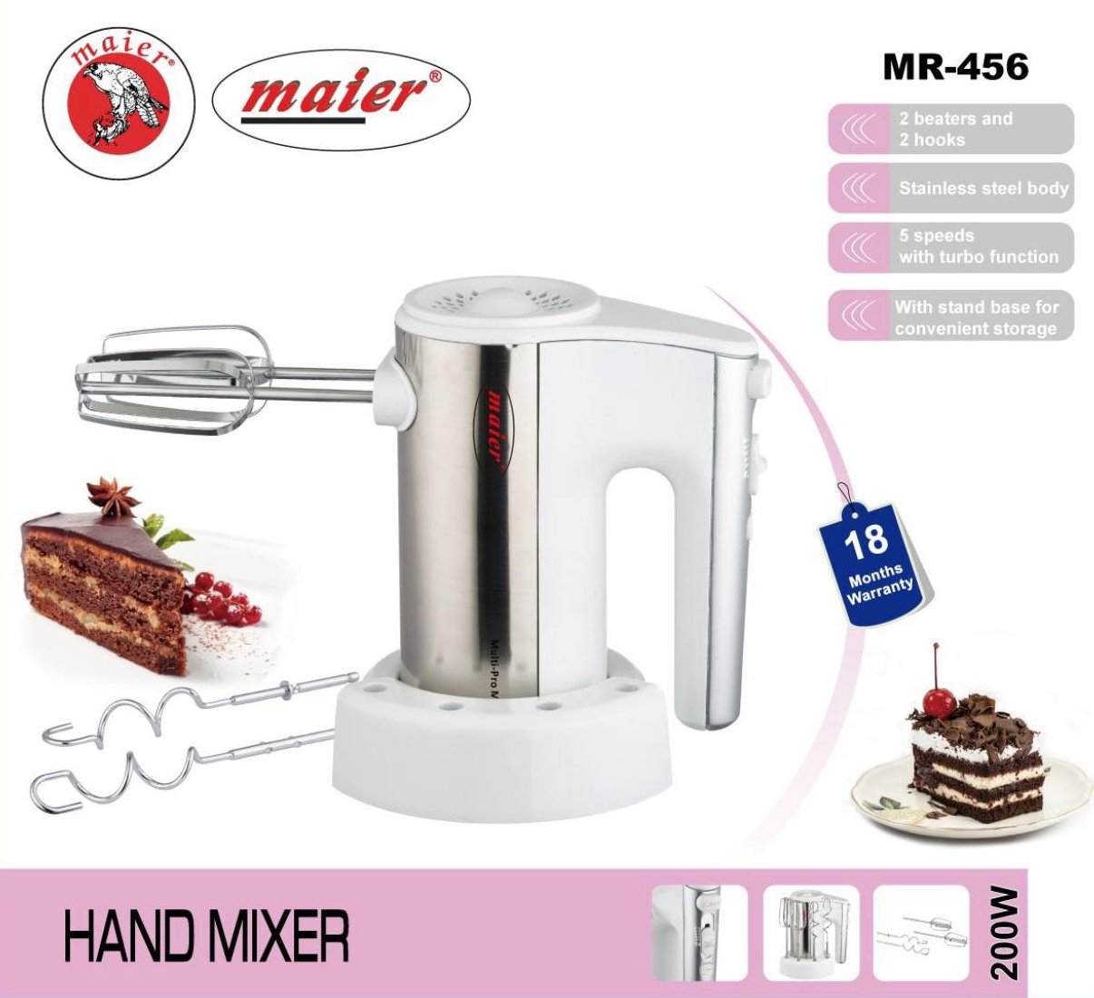 همزن برقی دستی مایر مدل MR-456 با پنج سرعت مختلف و عملکرد توربو
