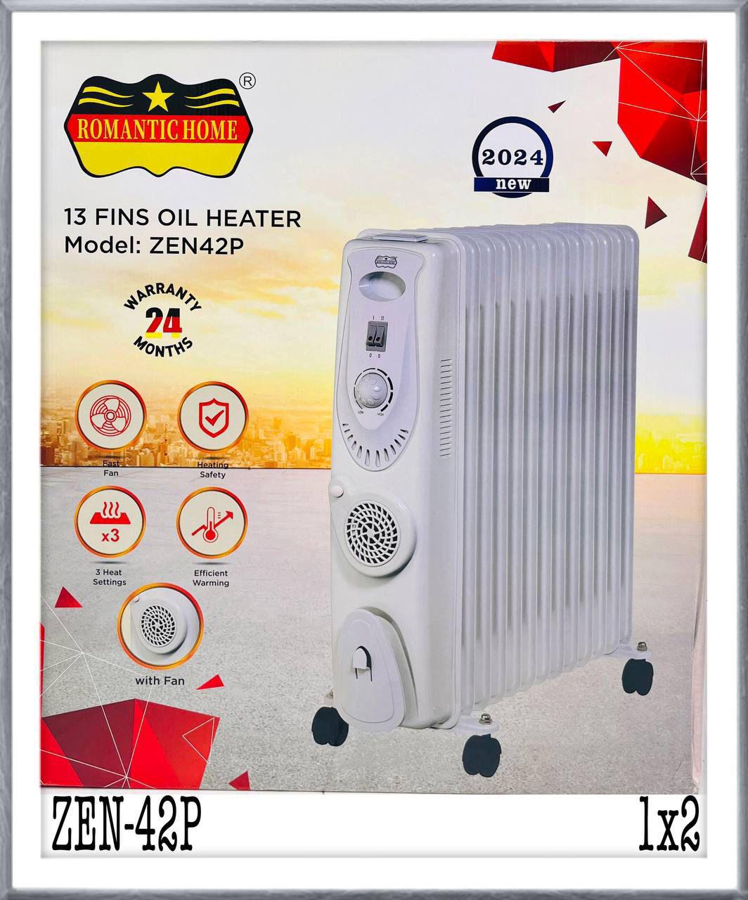 هیتر روغنی ۱۳ پره رومانتیک هوم ZEN42P با فن، چرخ‌دار و ۳ حالت گرما