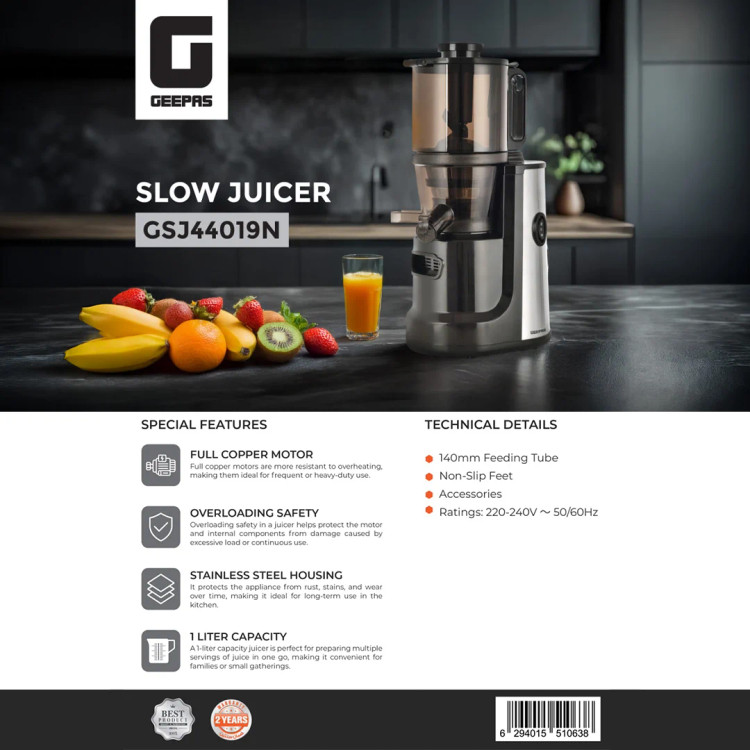 آبمیوهگیری آهسته جیپاس GSJ44019N با موتور تماممسی و ظرفیت ۱ لیتر