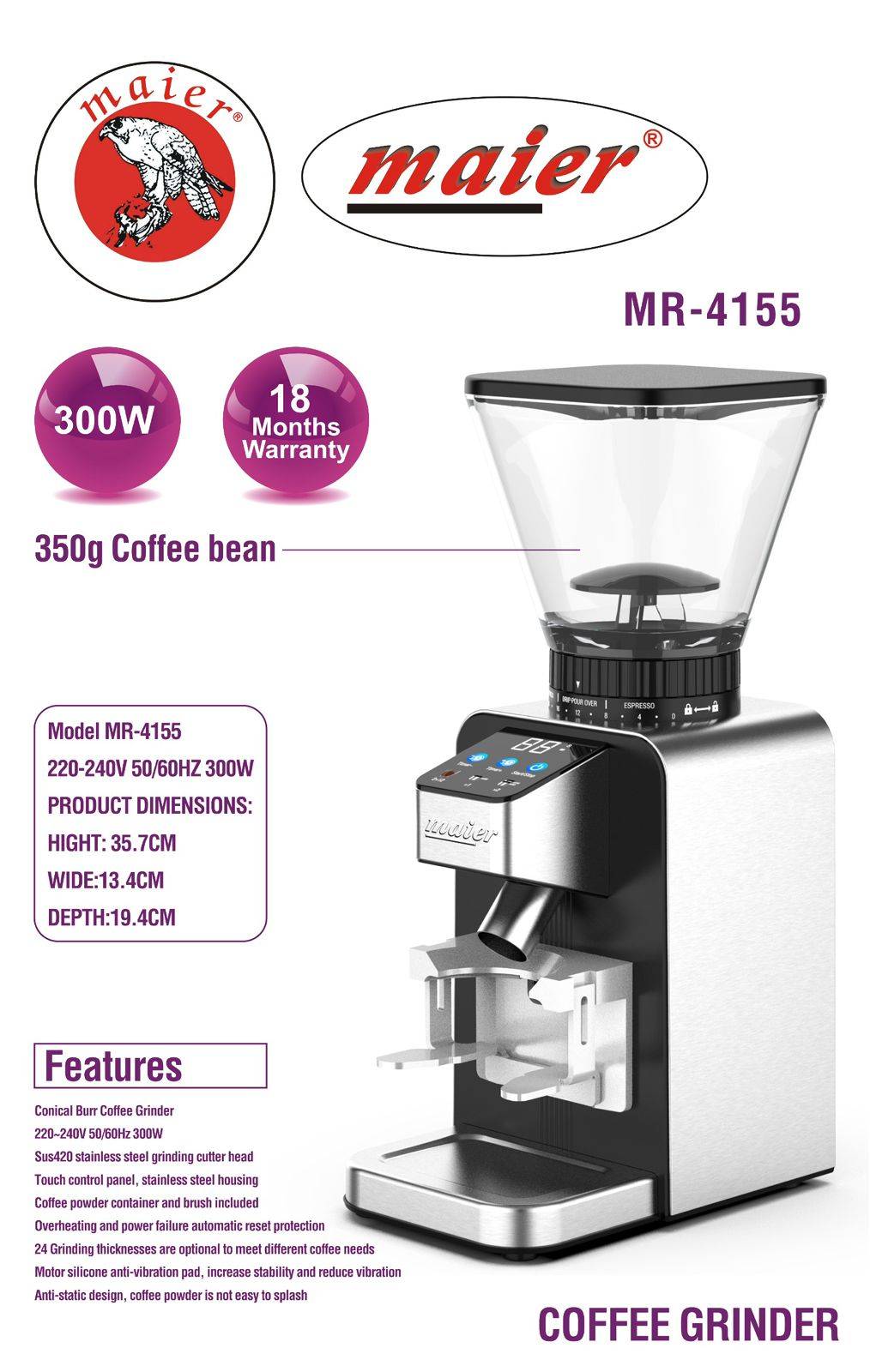 دستگاه آسیاب قهوه برقی مایر MR-4155 با تیغه مخروطی و ۲۴ درجه تنظیم