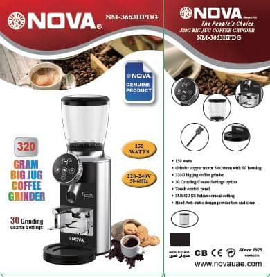 آسیاب قهوه نوا NM-3663HPDG تیغه مخروطی ۱۵۰ وات با پایه پرتافیلتر