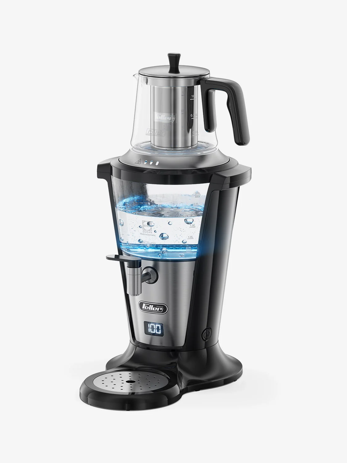 سماور برقی شیشه‌ای فلر مدل TS390 | نمایشگر دیجیتال و شیر ضدچکه