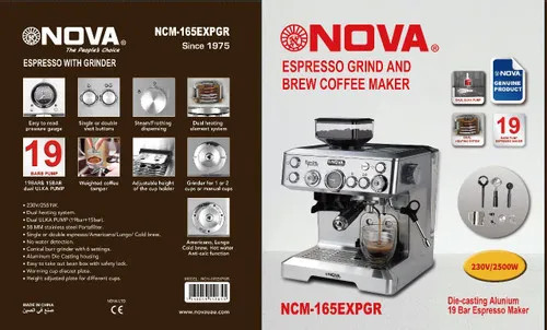 دستگاه اسپرسوساز آسیاب دار نووا مدل NCM-165EXPGR توان ۲۵۰۰ وات