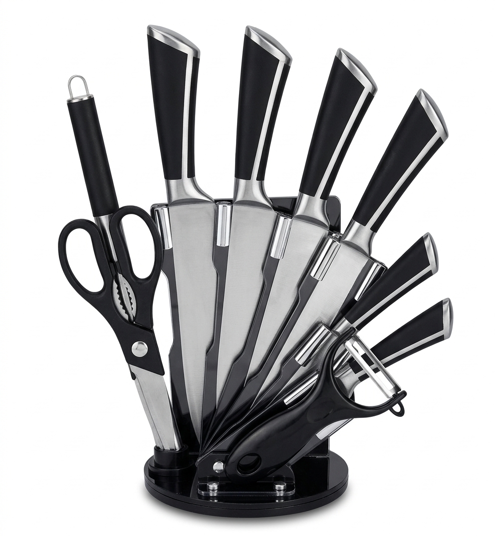 ست چاقوی آشپزخانه ۹ تکه رومانتیک هوم مدل WLD-88F با پایه اکریلیک