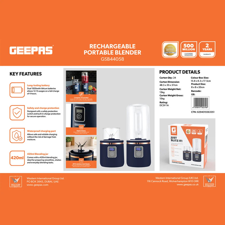 بلندر قابل حمل شارژی Geepas اصل مدل GSB44058 با ظرف ۴۲۰ میلیلیتری - تصویر 6