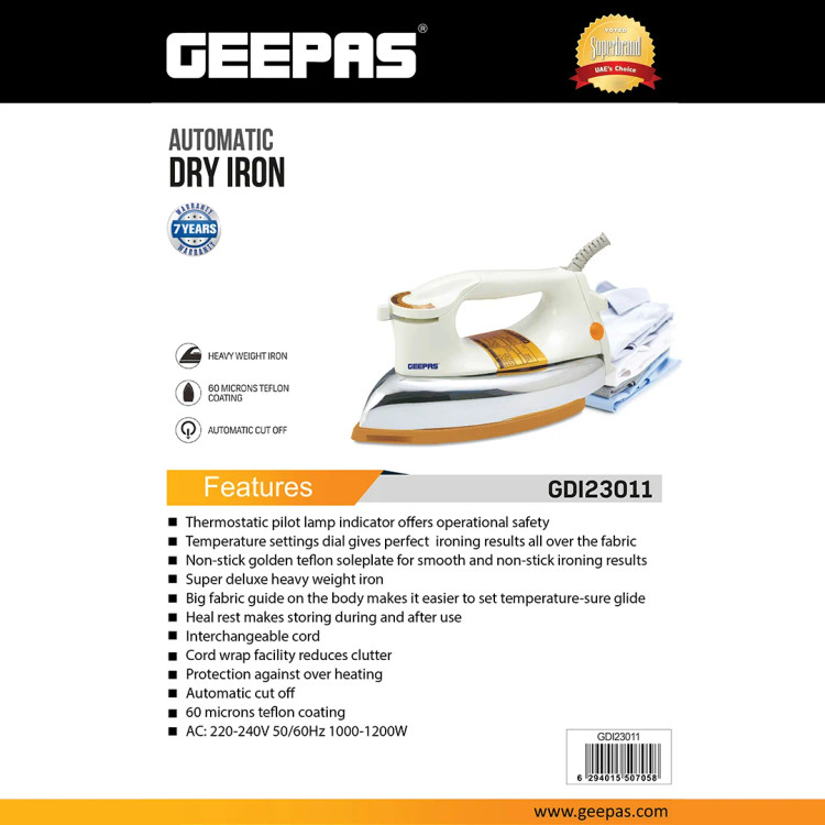 اتو خشک GEEPAS اورجینال مدل GDI23011 با کف تفلون طلایی - تصویر 7