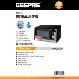 مایکروویو دیجیتال GEEPAS مدل GM01898 مشکی و استیل با ظرفیت ۴۰ لیتر