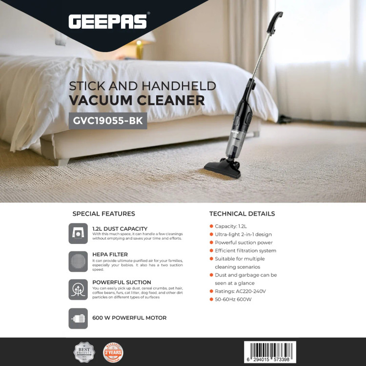 جاروبرقی عصایی و دستی ۲ در ۱ GEEPAS مدل GVC19055-BK فوقسبک با مخزن شفاف گرد و غبار