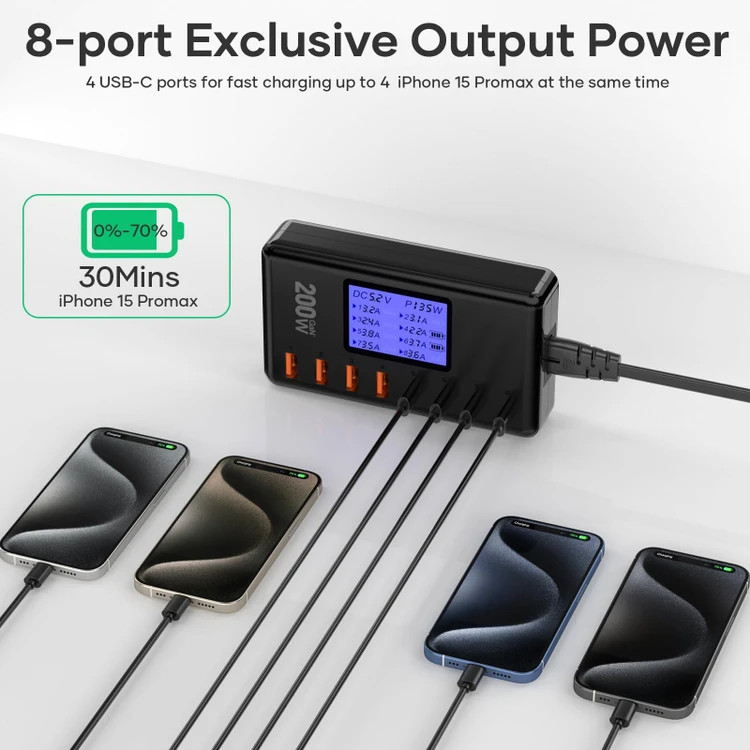 ایستگاه شارژ رومیزی مشکی مجهز به چهار درگاه تایپ سی ۳۰ وات و چهار درگاه USB-A