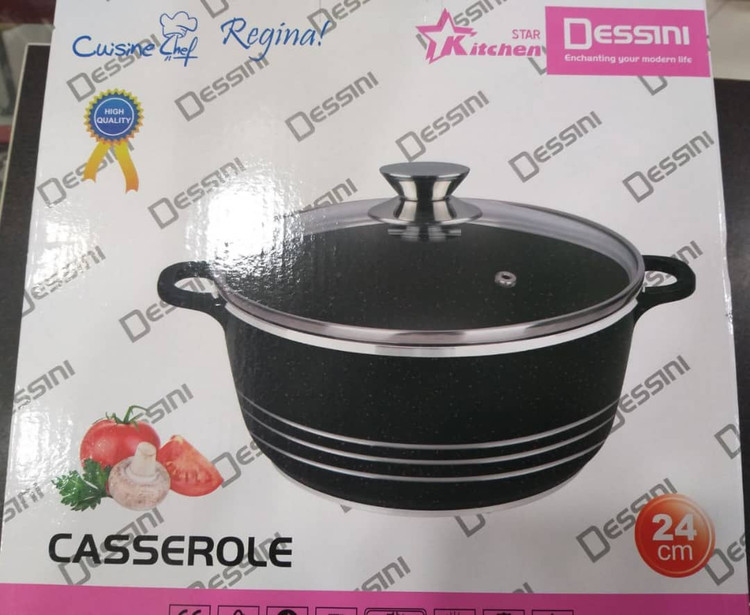 قابلمه DESSINI سایز 24 سانتی متر با بدنه مشکی و خطوط نقره ای مناسب آشپزخانه
